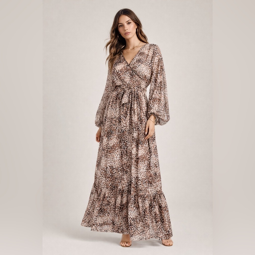 Express Leopard Sheer Print Boho Maxi Dress Tie Waist Long Sleeve M/L